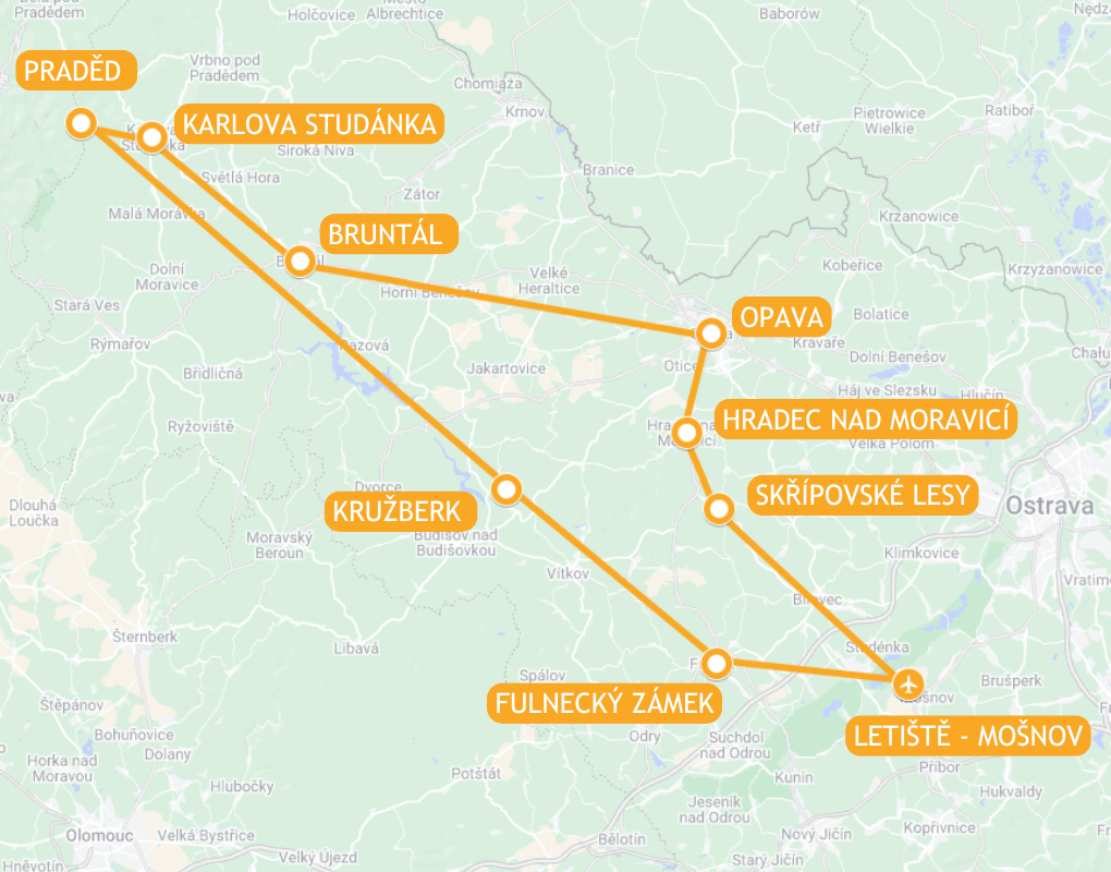 Mapa trasy vyhlídkového letu Jeseníky a Praděd