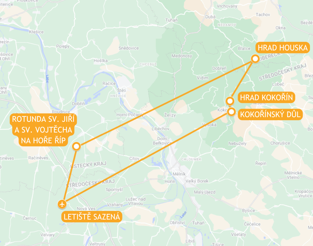 Mapa trasy vyhlídkového letu