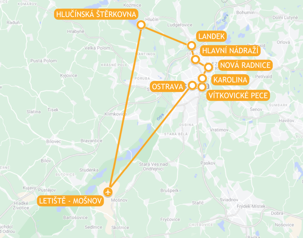 Mapa trasy vyhlídkového letu nad Ostravou