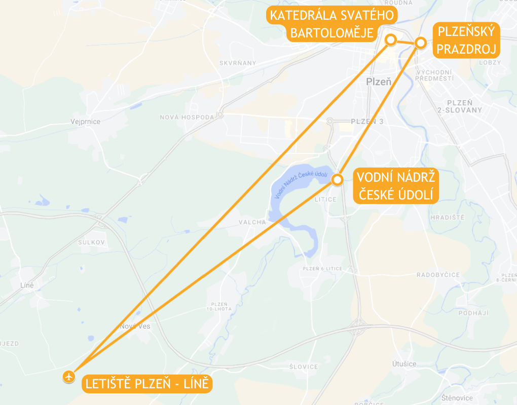 Mapa trasy vyhlídkového letu nad Plzeň