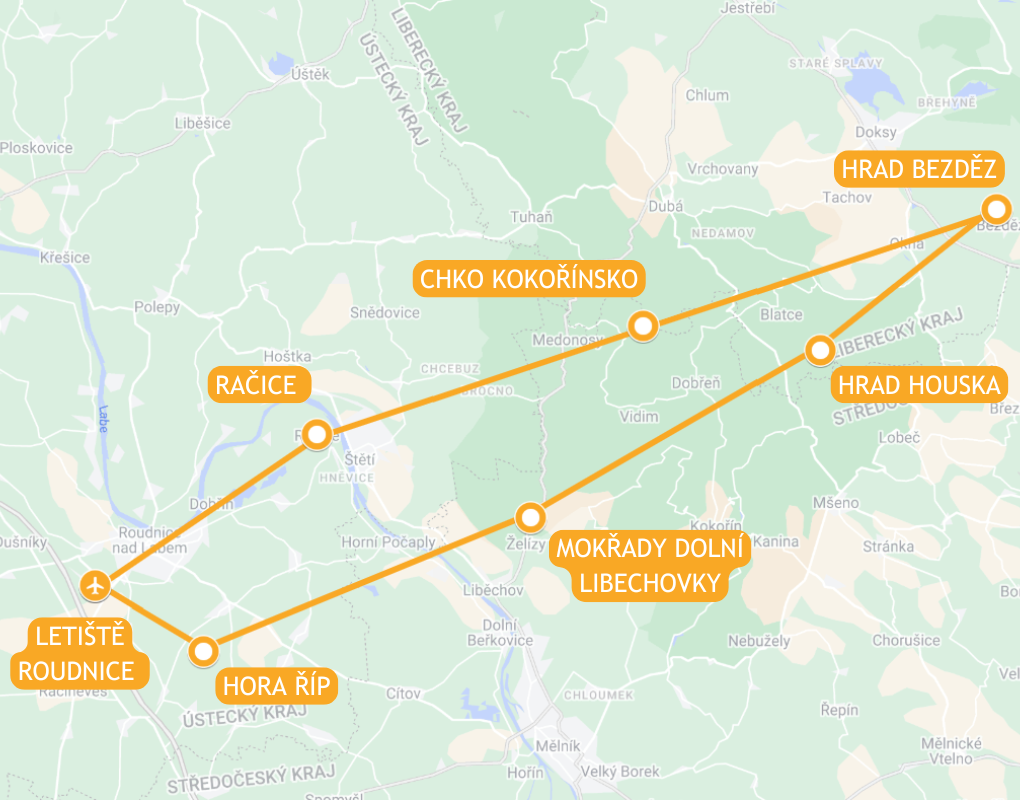 Mapa trasy vyhlídkového letu nad Brno