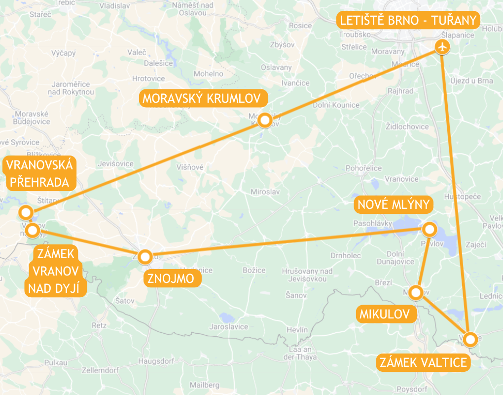 Mapa trasy vyhlídkového letu nad Brno